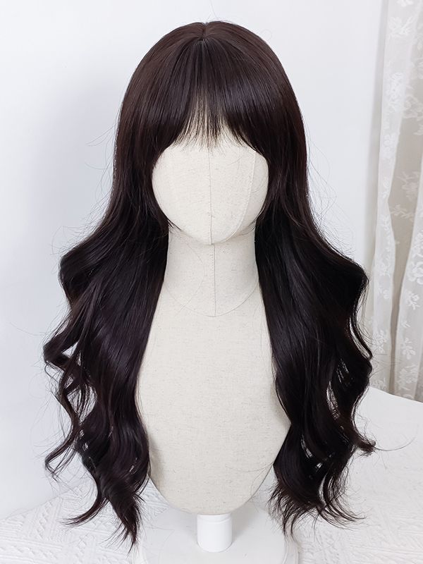 Dark Tea Curtain Bangs Long Wavy Synthetic Wig