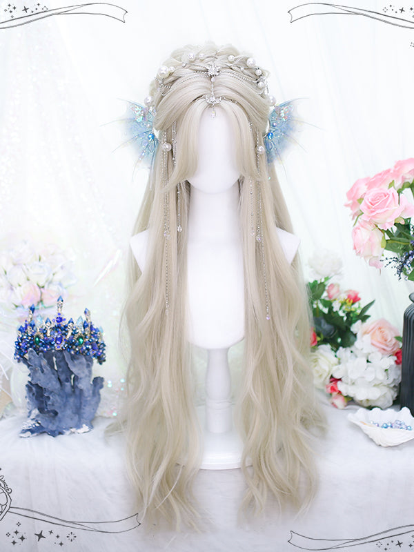 Dusty Color Wavy Long Synthetic Wig with Curtain Bangs