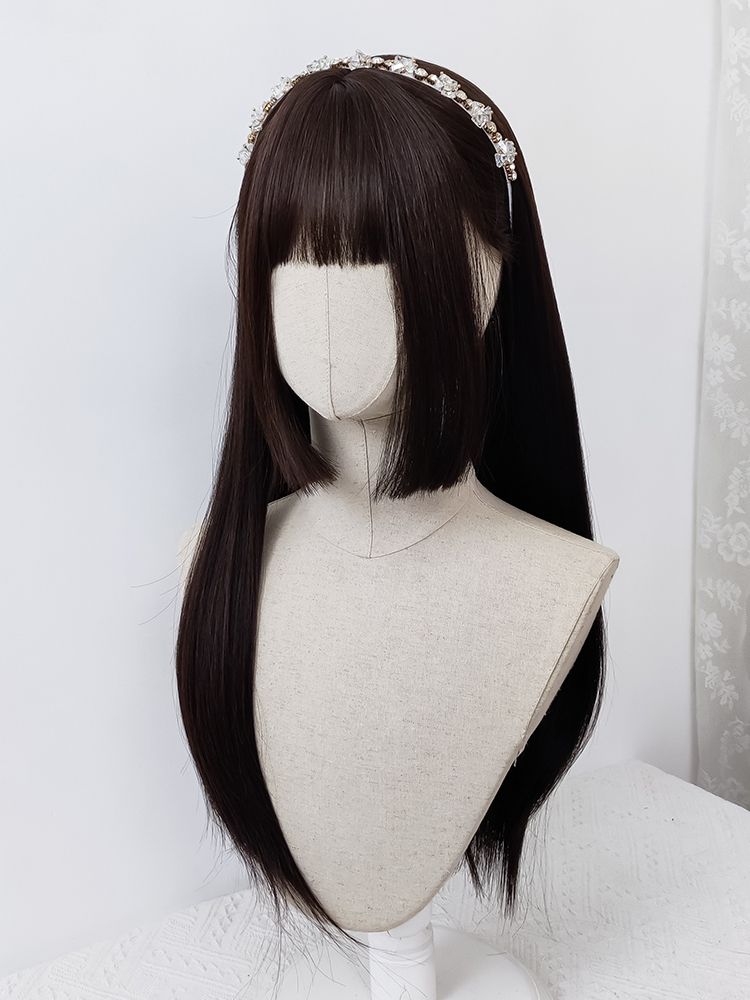 Dark Brown Hime Cut Long Straight Lolita Synthetic Wig