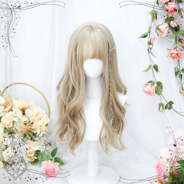 Flax Gold Full Bangs Wavy Long Synthetic Wig