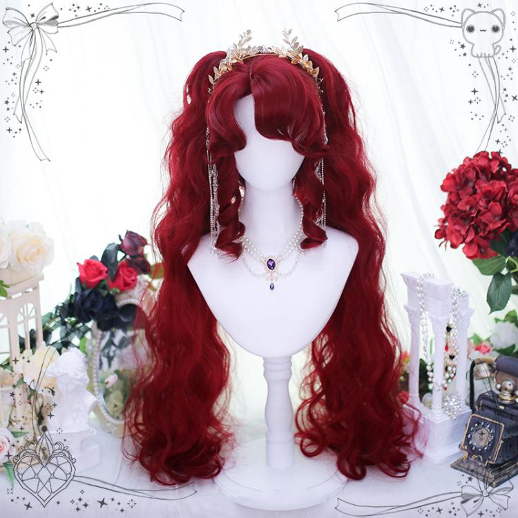 Curly Bangs Carmine Red Short Synthetic Wig with Wavy Double Ponytails