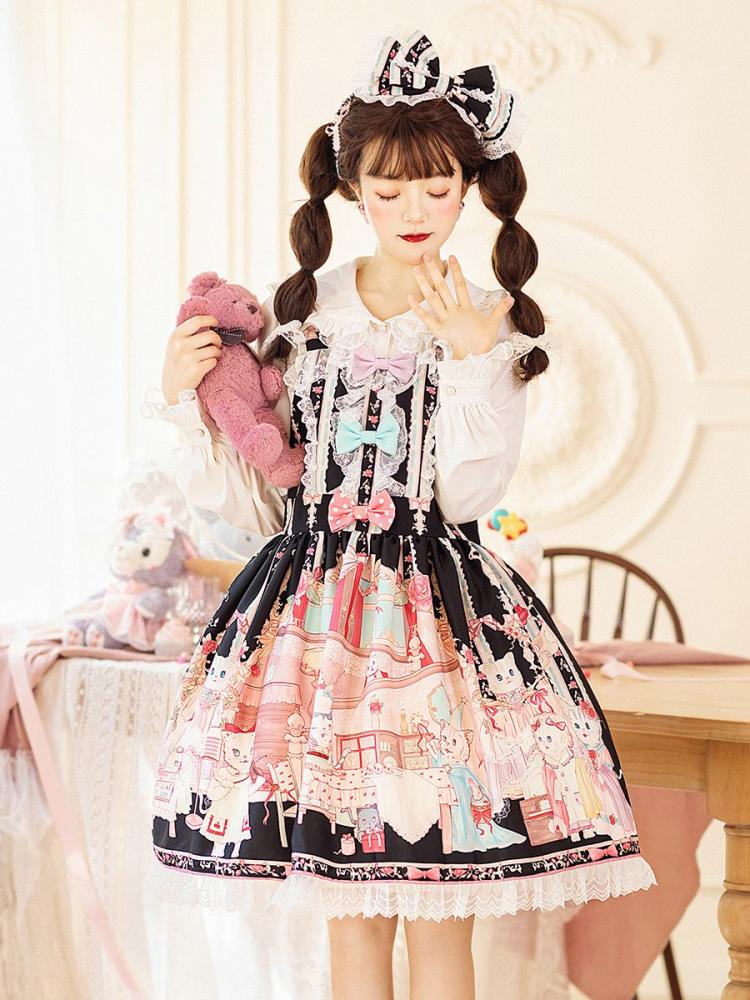 Black Kitty Tea Party Print Design Bowknot Details Ruffle Trim KC/ Overall Dress