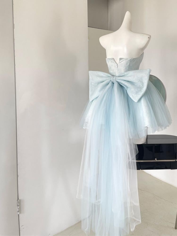 Baby Blue Balletcore Lace Bustier Dress+ Big Bow Train Set