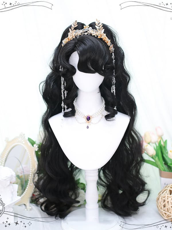 Curly Bangs Black Short Synthetic Wig with Wavy Double Ponytails