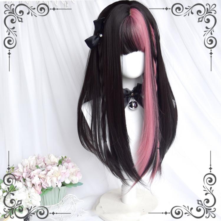 Black Strawberry Highlight Hair Color Straight Black and Rose Pink Synthetic Wig