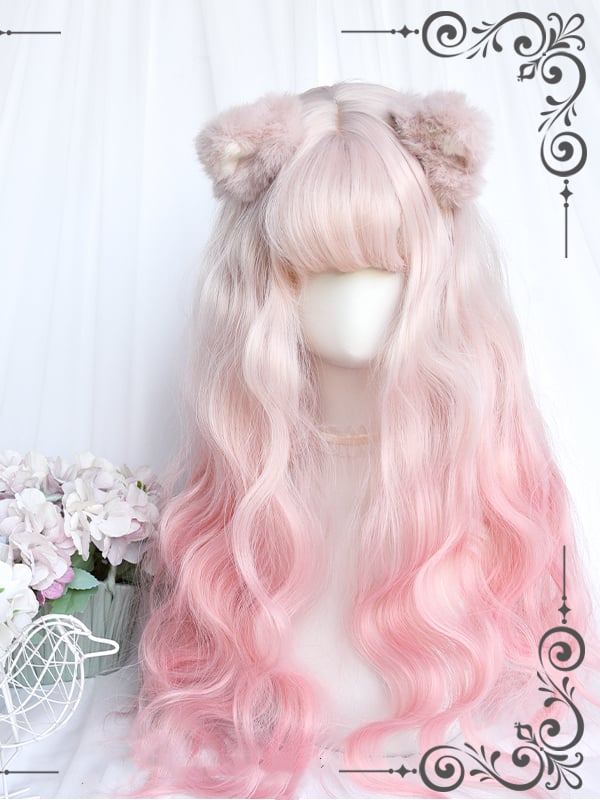 White Peach Beige to Pink Ombre Long Wavy Lolita Synthetic Wig