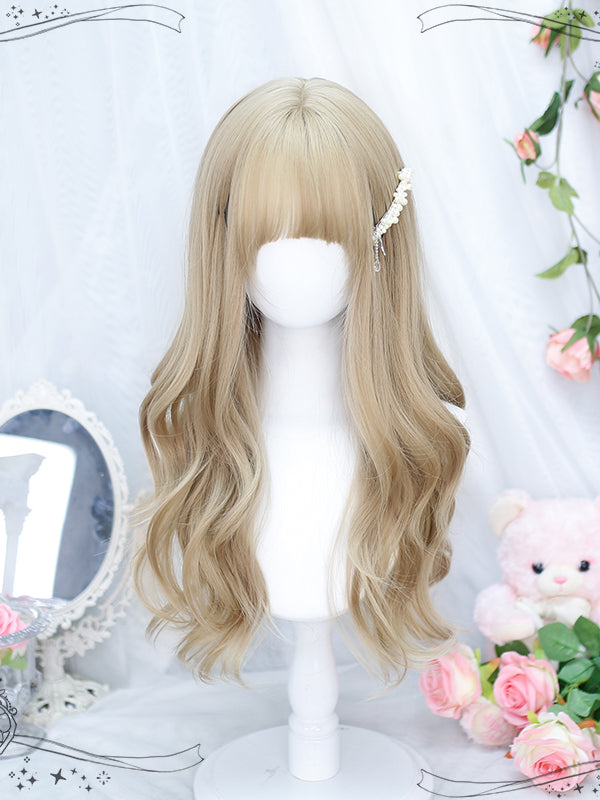 Flax Gold Full Bangs Wavy Long Synthetic Wig