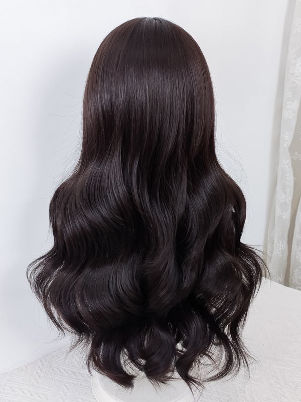 Dark Tea Curtain Bangs Long Wavy Synthetic Wig