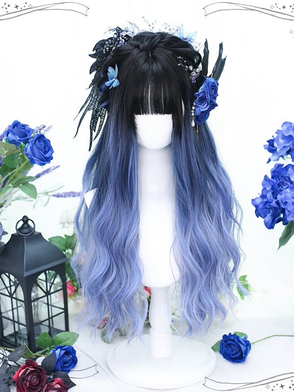 Highlight Blue Ombre Long Wavy Synthetic Wig