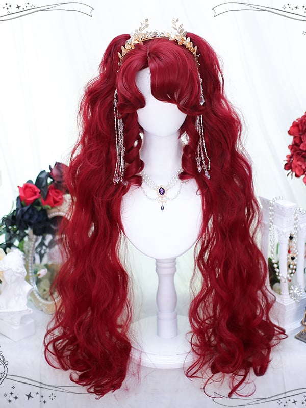 Curly Bangs Carmine Red Short Synthetic Wig with Wavy Double Ponytails