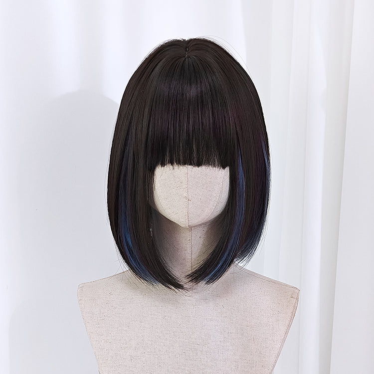 Haze Blue Highlight Dark Brown Shoulder Length Straight Synthetic Wig