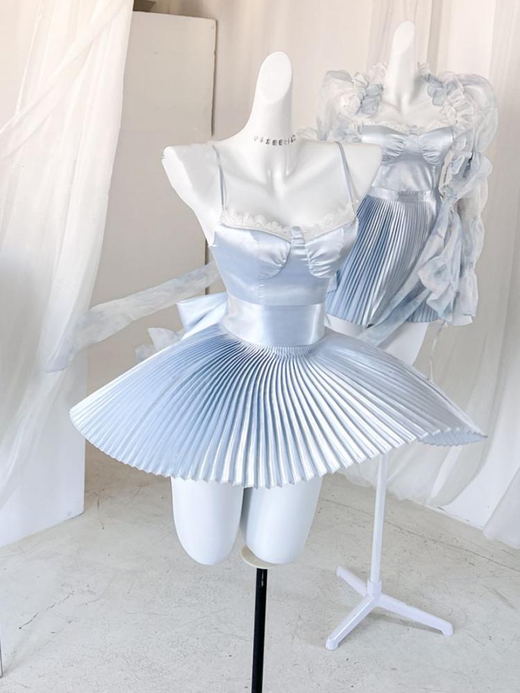 Blue Satin Balletcore Pleated Jumper Skirt