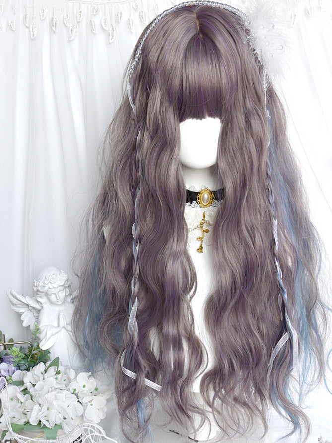 Dusty Brown Highlight Blue Long Curly Synthetic Wig