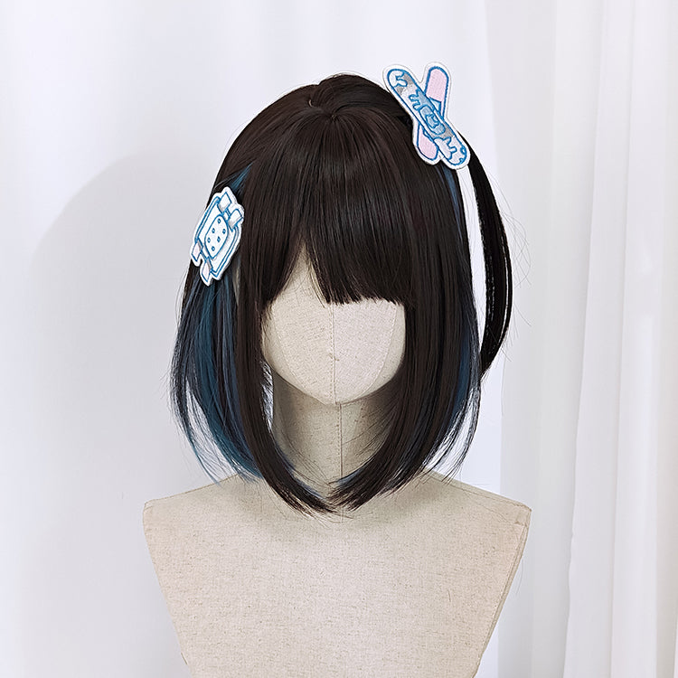 Haze Blue Highlight Dark Brown Shoulder Length Straight Synthetic Wig