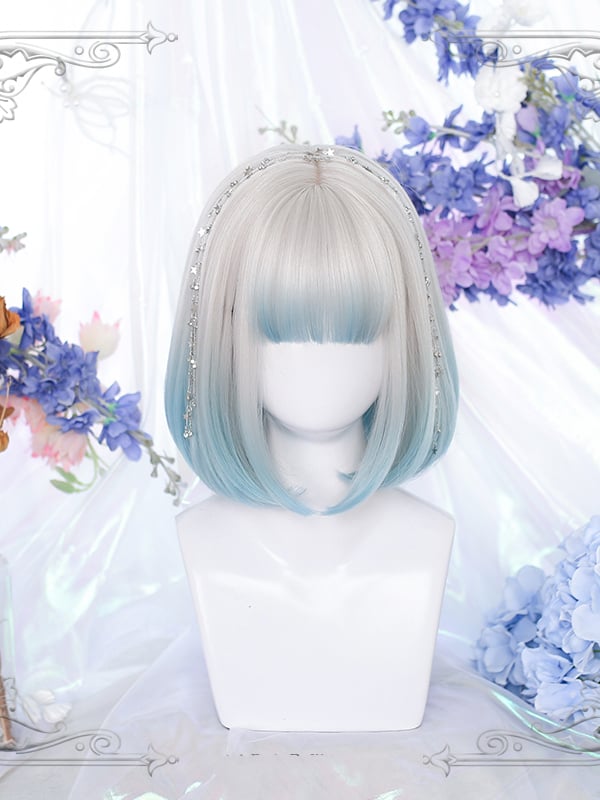 Grey to Blue Ombre Straight Short Bob Style Synthetic Wig