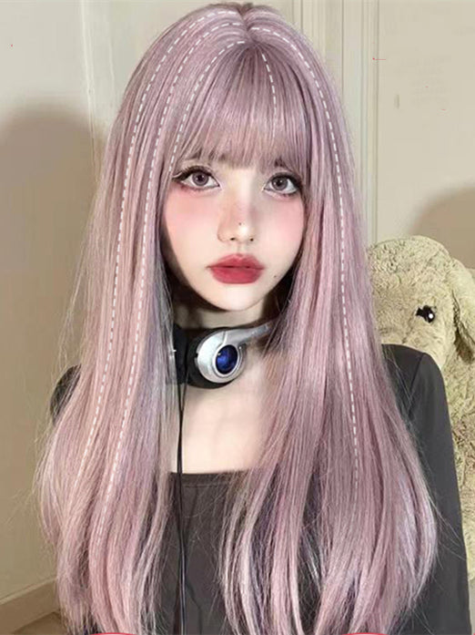 Straight Gold / Pink-Purple Synthetic Wig