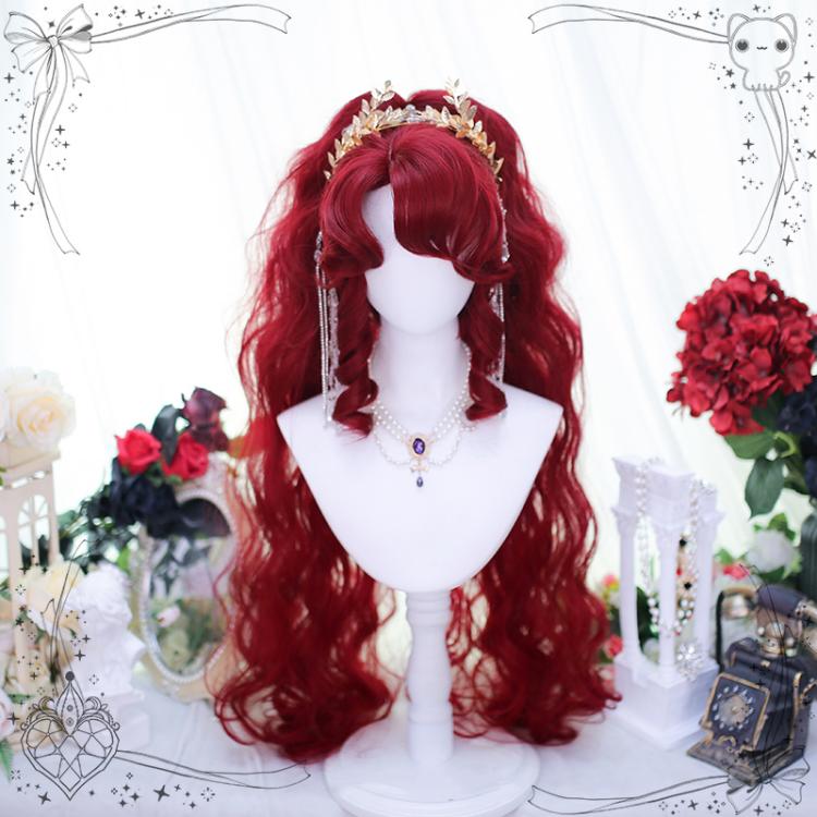 Curly Bangs Carmine Red Short Synthetic Wig with Wavy Double Ponytails