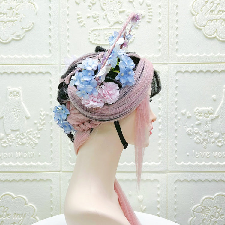 Endless Summer Black-Pink Lolita Hand-braided Wig with Flower Hair Accessory