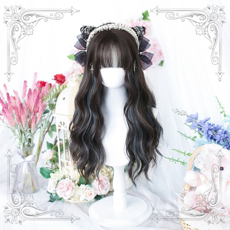 Wuxiao Wavy Highlight Hair Color Dark Brown-Dusty Blue Lolita Long Synthetic Wig