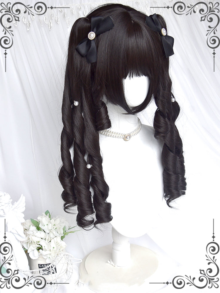 Fabletown Retro Black Short Wig with Sausage Curls Double Ponytails