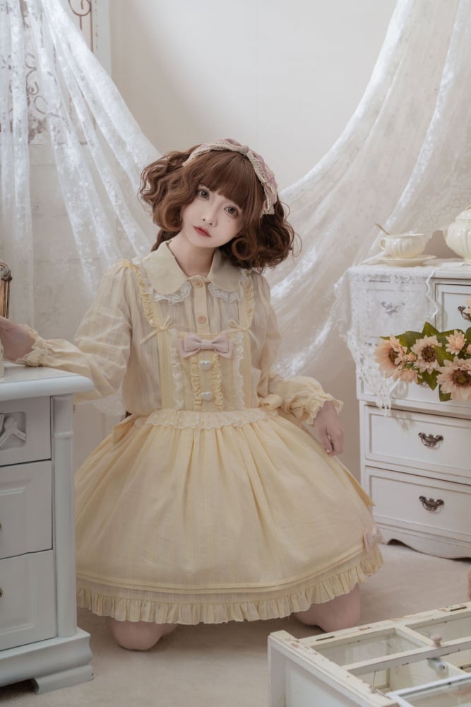 Bubble Cream Big Bow Ruffle Trim Overall Dress