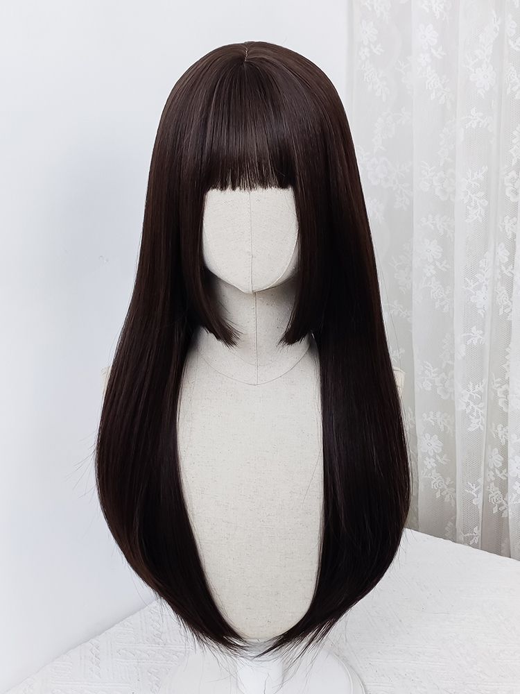 Dark Brown Hime Cut Long Straight Lolita Synthetic Wig