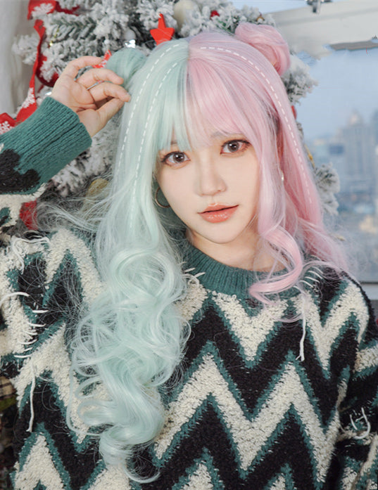 Wavy Pink and Mint Green Synthetic Wig