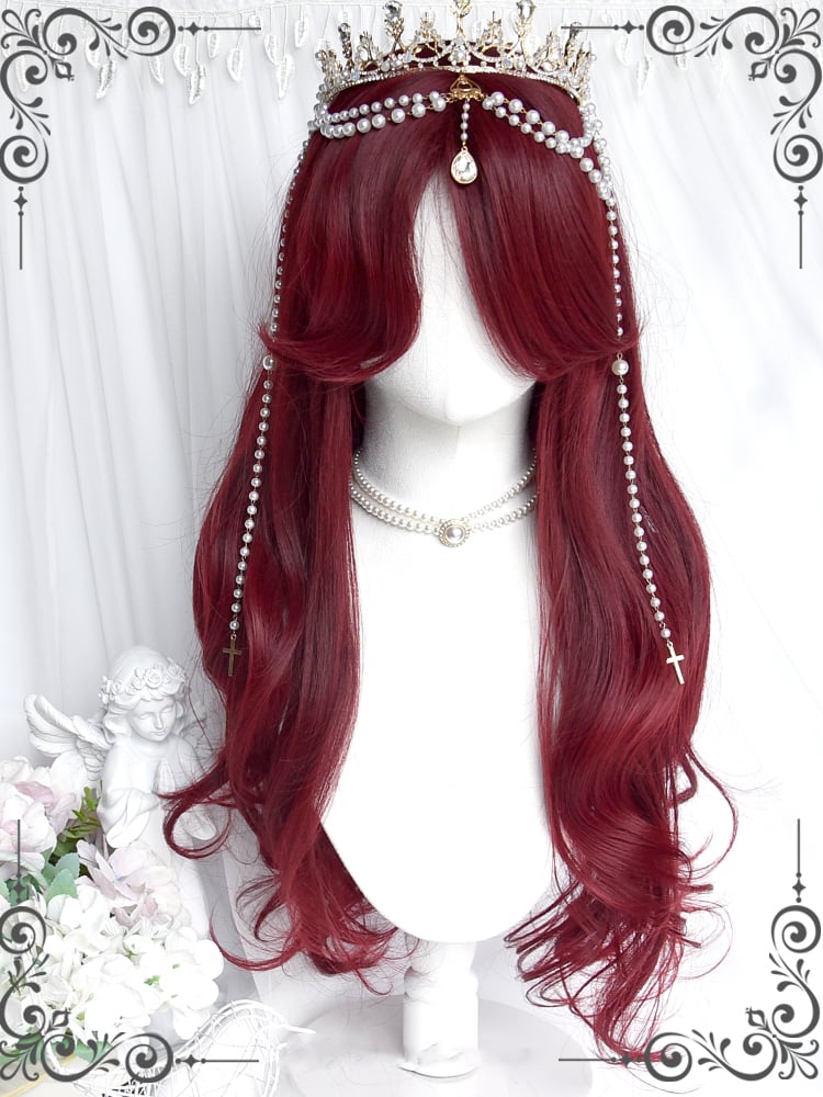 Cherry Red Curtain Bangs Long Wavy Synthetic Wig