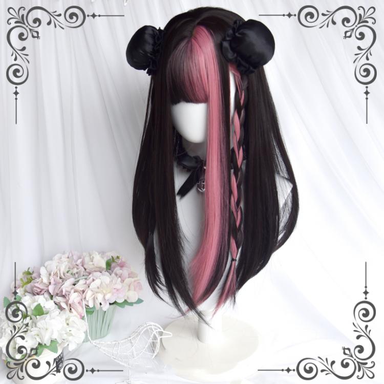 Black Strawberry Highlight Hair Color Straight Black and Rose Pink Synthetic Wig