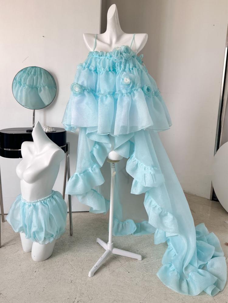 Handmade Flowers Details Light Blue Ruffles Puff Train Dress + Bloomers Set