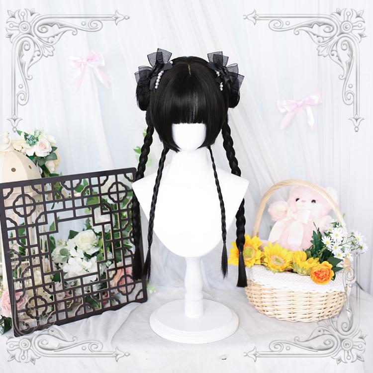 Glorious Youth Black Lolita Short Wig with Ponytails