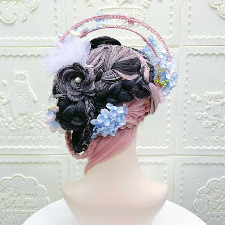 Endless Summer Black-Pink Lolita Hand-braided Wig with Flower Hair Accessory