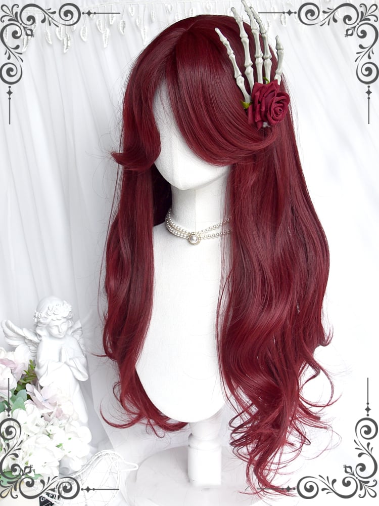 Cherry Red Curtain Bangs Long Wavy Synthetic Wig