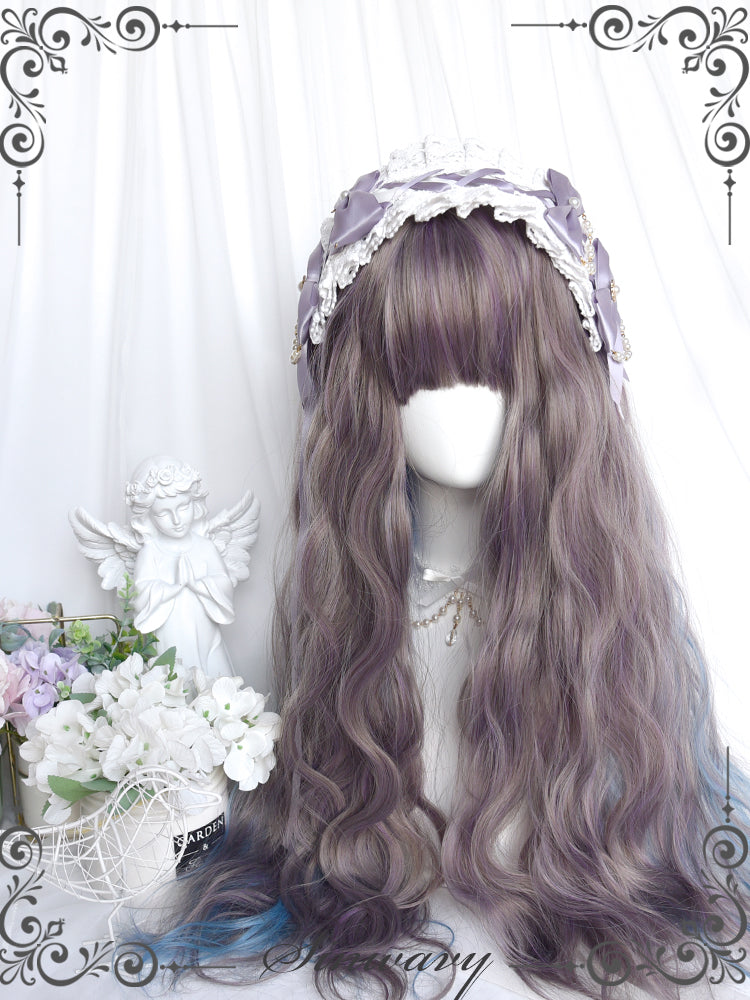 Dusty Brown Highlight Blue Long Curly Synthetic Wig