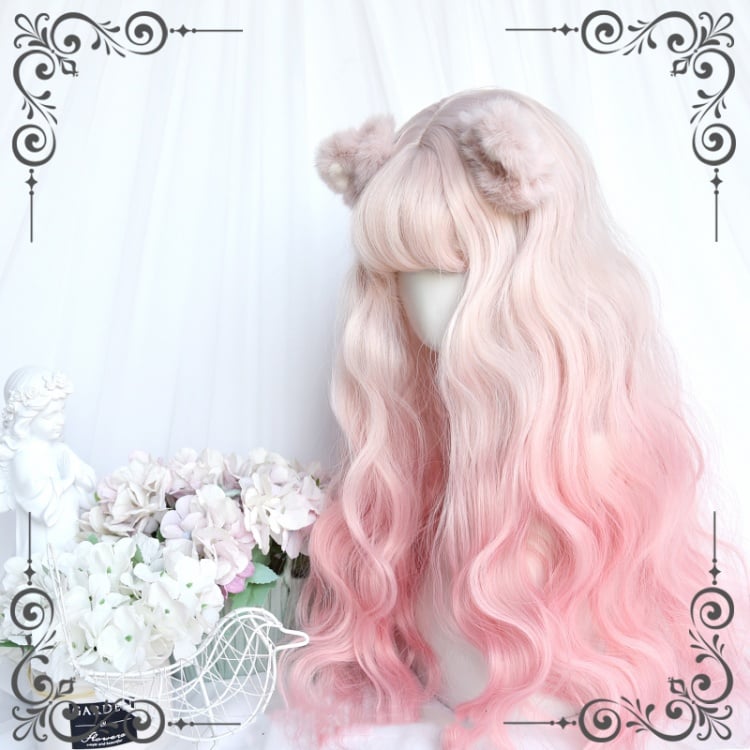 White Peach Beige to Pink Ombre Long Wavy Lolita Synthetic Wig