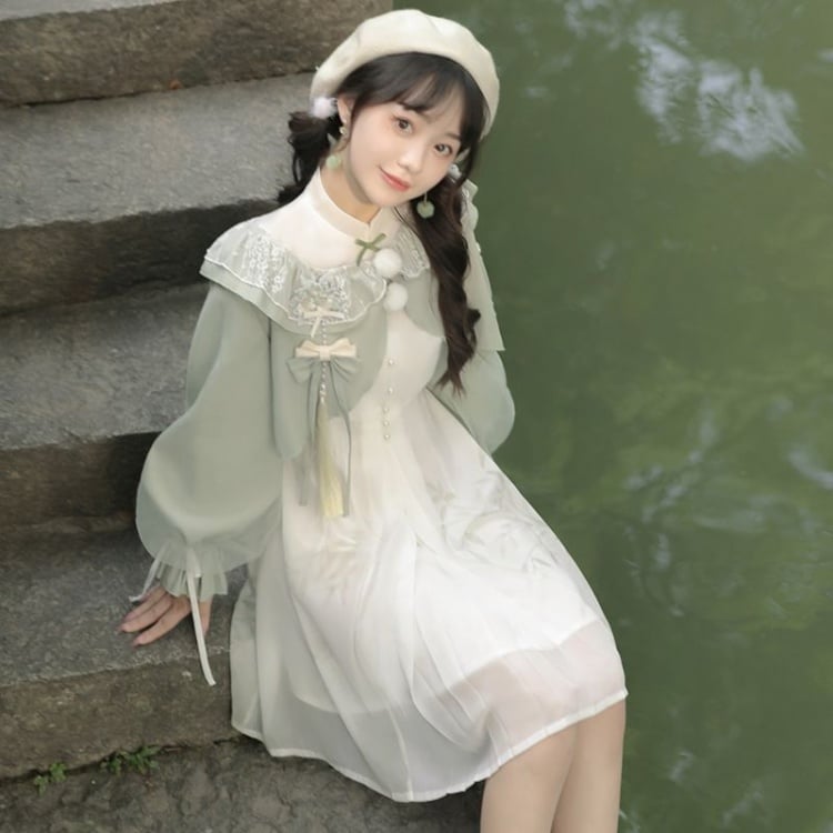 Bamboo Hidden Qi Lolita Banded Collar Short Sleeves Lolita OP+ Bolero Set