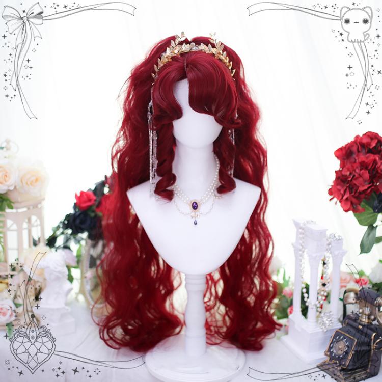 Curly Bangs Carmine Red Short Synthetic Wig with Wavy Double Ponytails