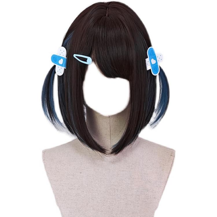 Haze Blue Highlight Dark Brown Shoulder Length Straight Synthetic Wig