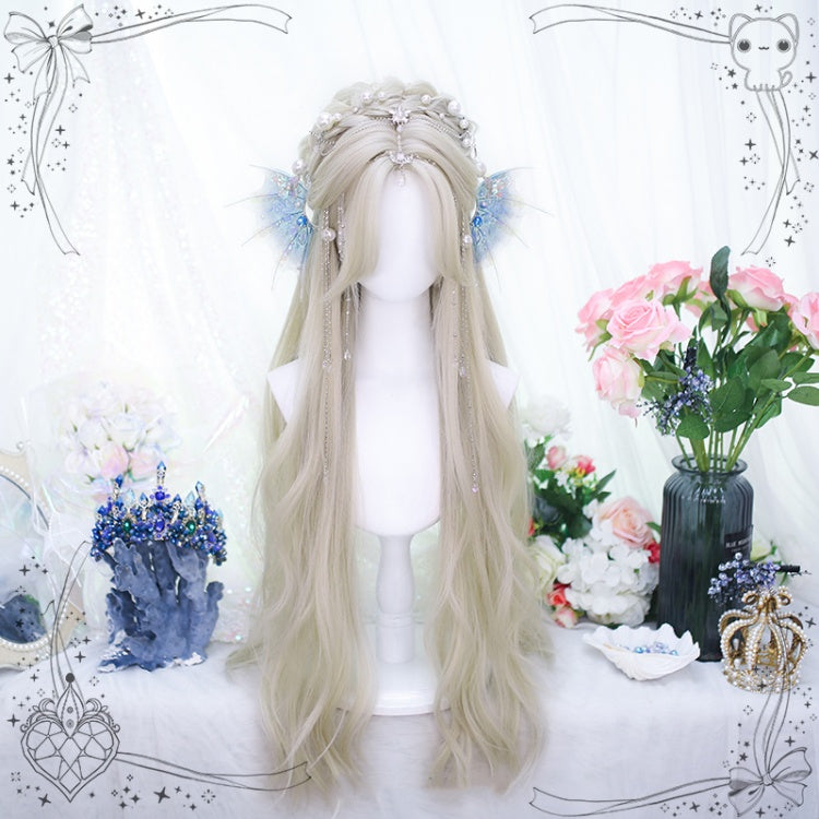 Dusty Color Wavy Long Synthetic Wig with Curtain Bangs