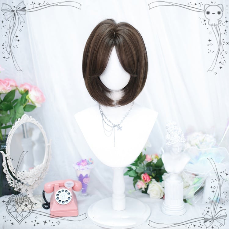 Dark Brown/Brown Curtain Bangs Bob Cut Short Synthetic Wig