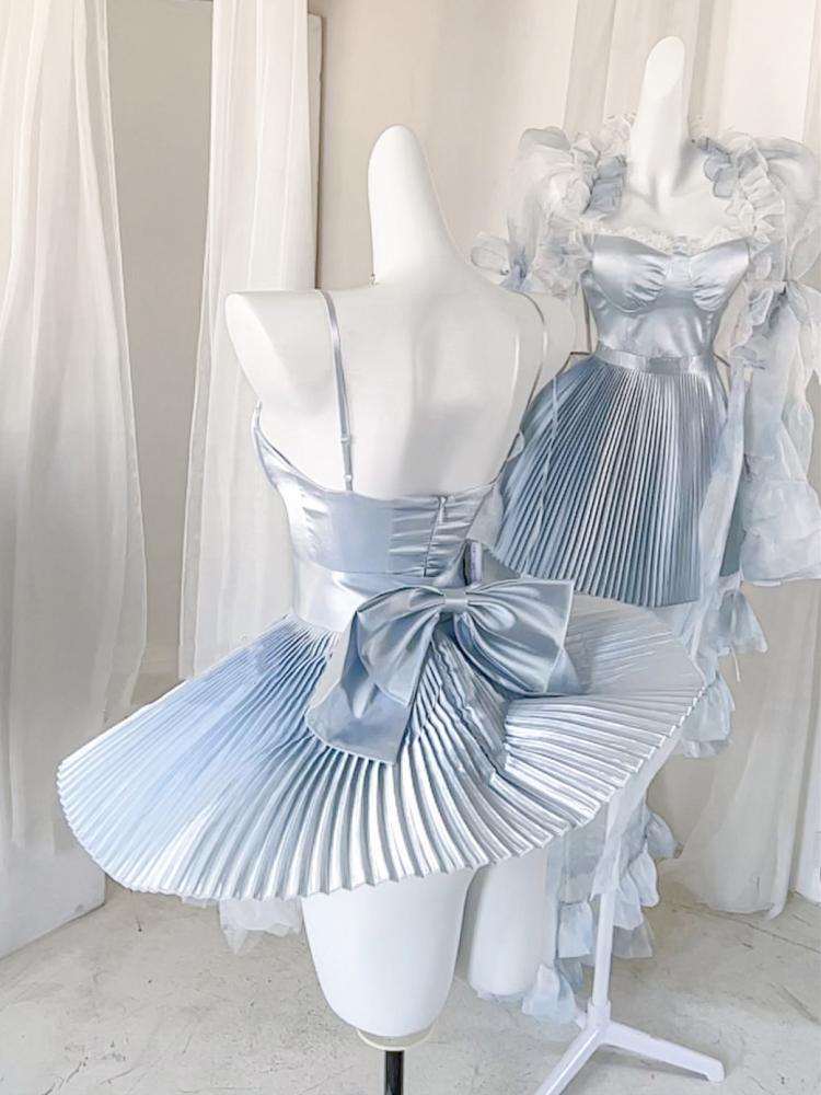 Blue Satin Balletcore Pleated Jumper Skirt