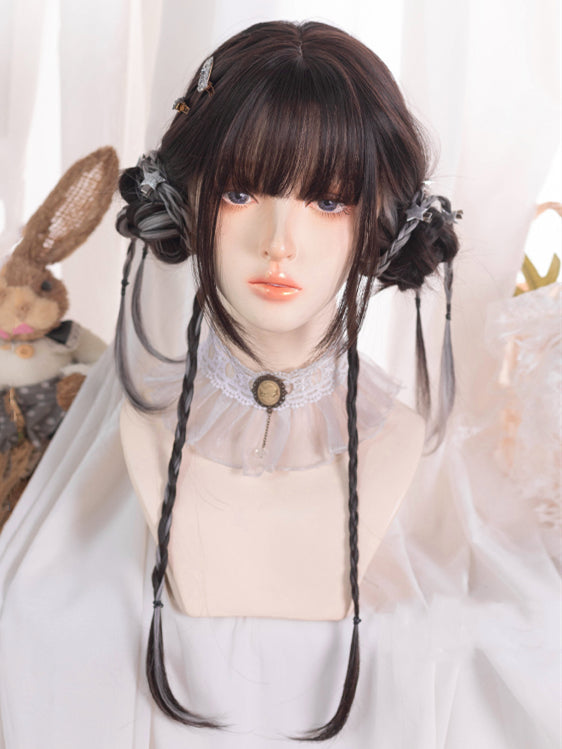 Silver Gray Highlights Long Straight Synthetic Wig