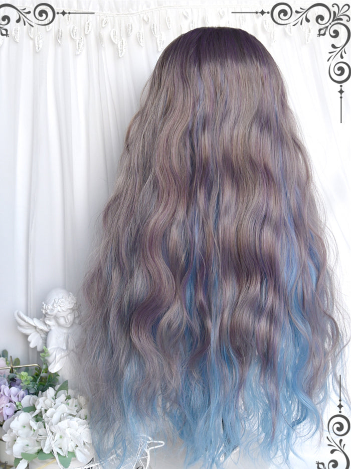 Dusty Brown Highlight Blue Long Curly Synthetic Wig