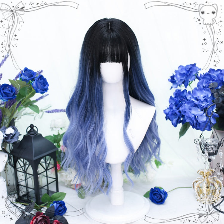 Highlight Blue Ombre Long Wavy Synthetic Wig