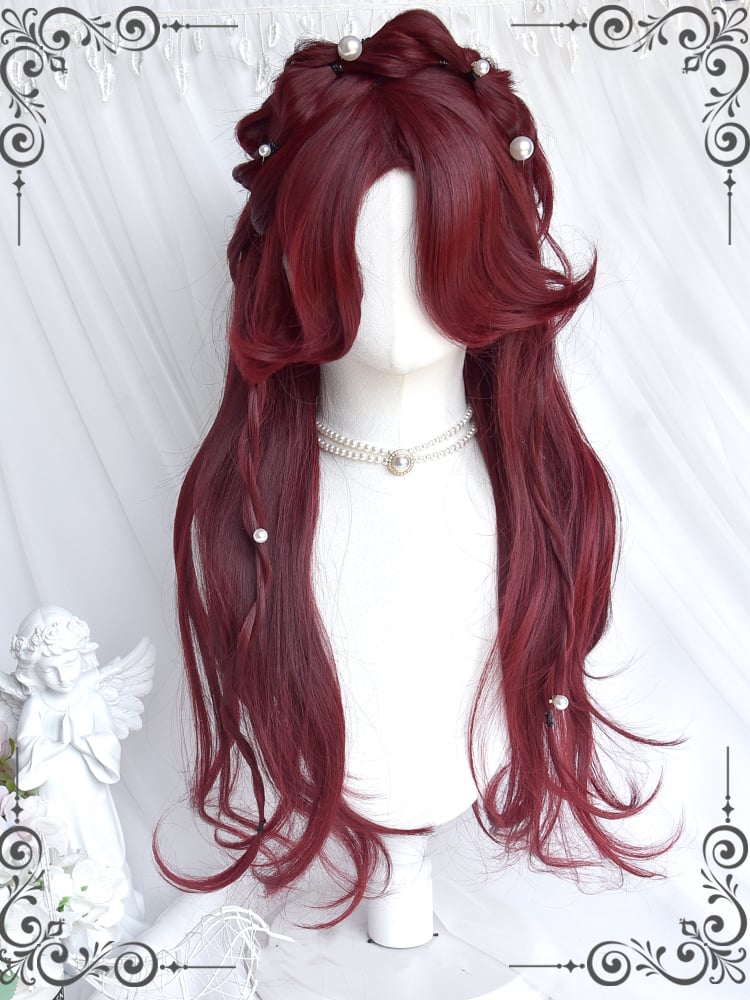 Cherry Red Curtain Bangs Long Wavy Synthetic Wig