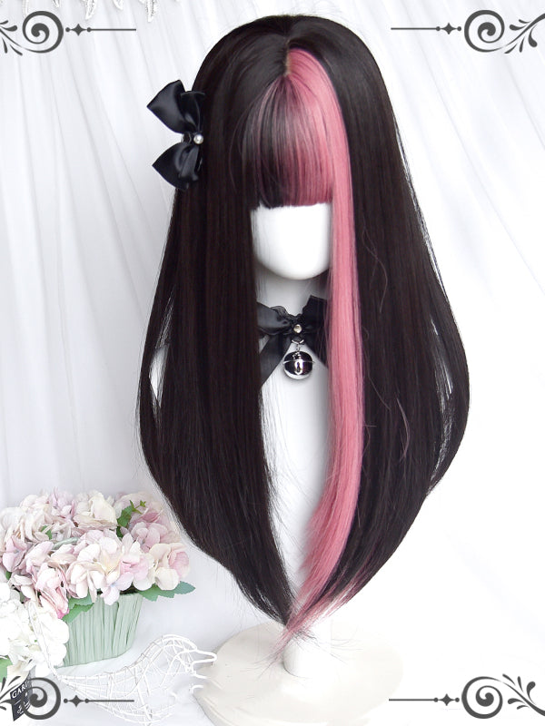 Black Strawberry Highlight Hair Color Straight Black and Rose Pink Synthetic Wig