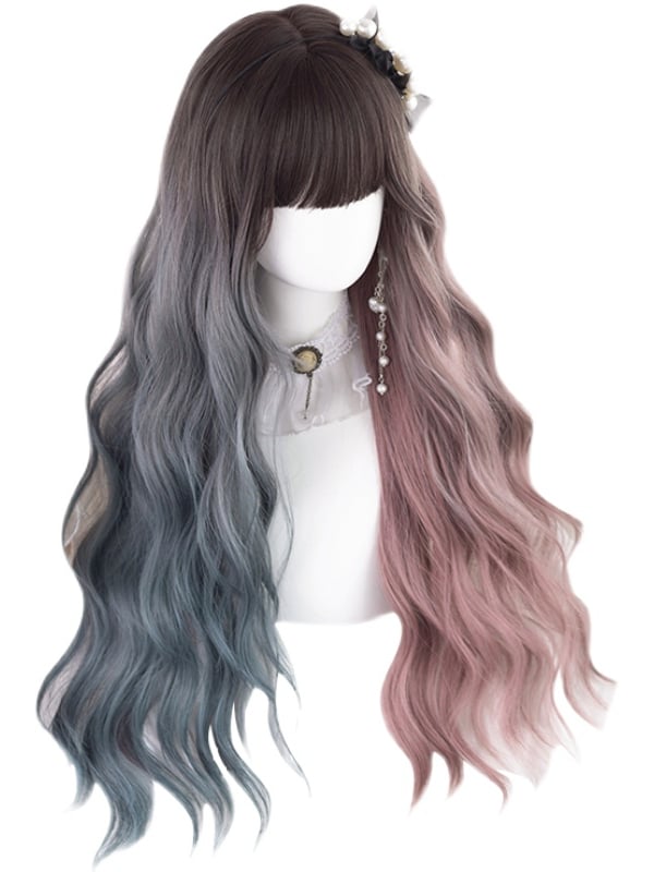 Clearance-Waist Length Wavy Dusty Green and Dusty Pink Ombre Synthetic Wig