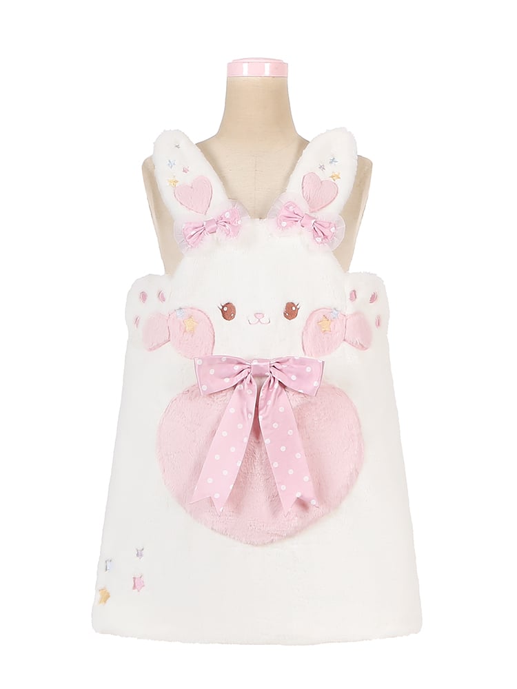 White Bunny Ears Plush Overall Dress Bowknot Details