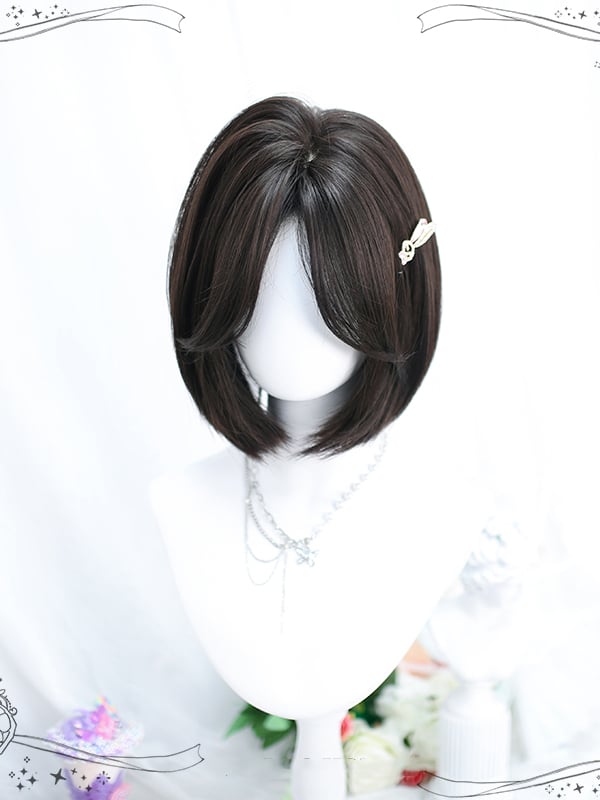 Dark Brown/Brown Curtain Bangs Bob Cut Short Synthetic Wig