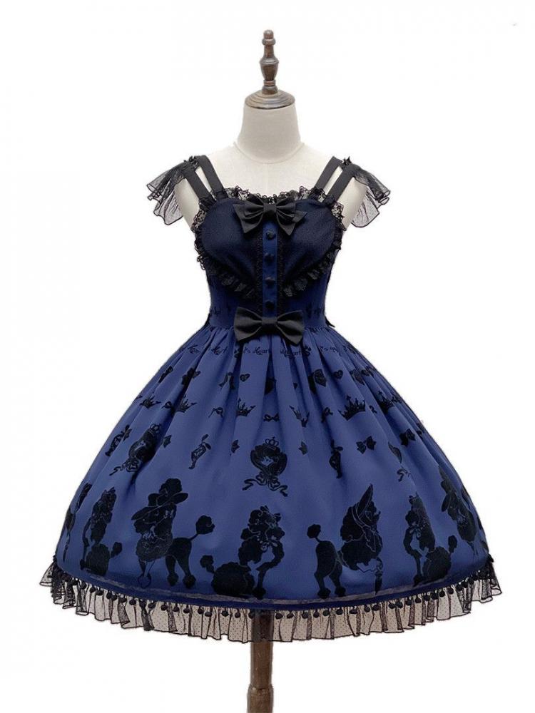 Dark Blue Cute Poodle Print Bowknot Sweetheart Neckline Jumper Skirt